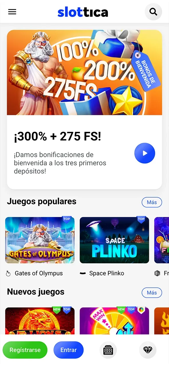 Explora la página de inicio en la app de Slottica y accede a todo al instante.