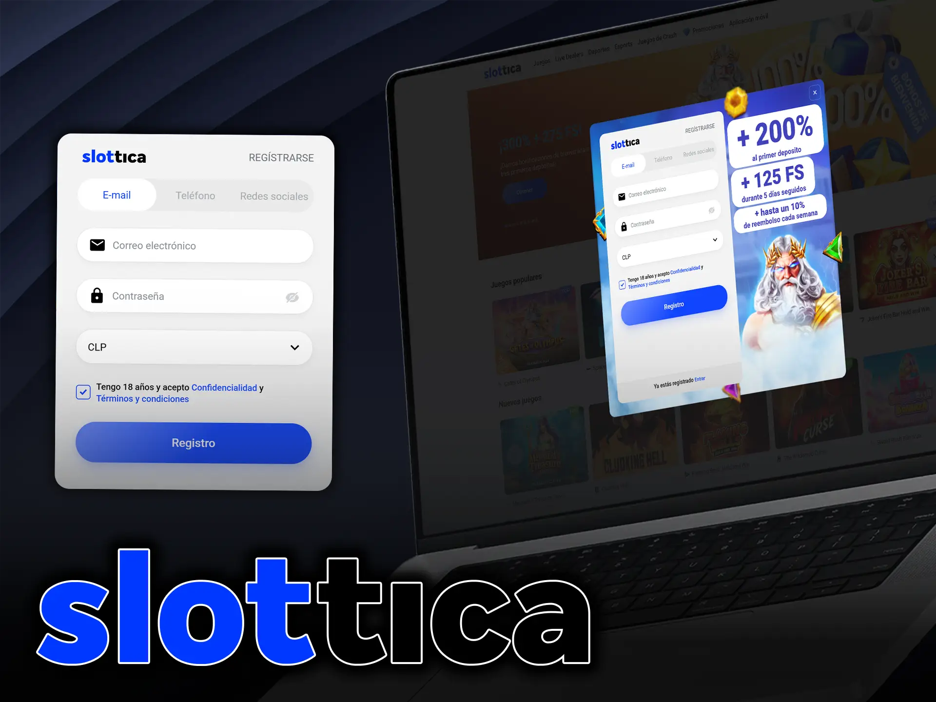 Crea tu cuenta Slottica con tu número de teléfono, correo electrónico o redes sociales.
