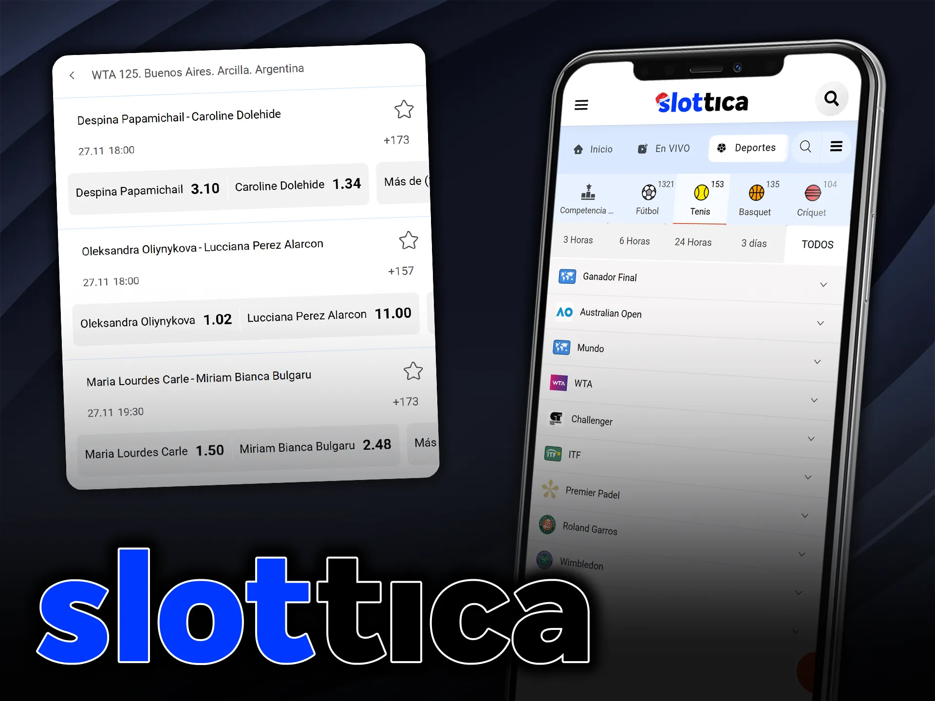Slottica ofrece los partidos y torneos de tenis más populares para apostar.